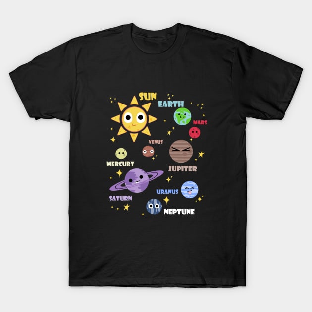 womens solar system shirt, planets, sun and planets, star and planet, outer space, all planets, solar system, planetary system, heliocentric T-Shirt by theglaze